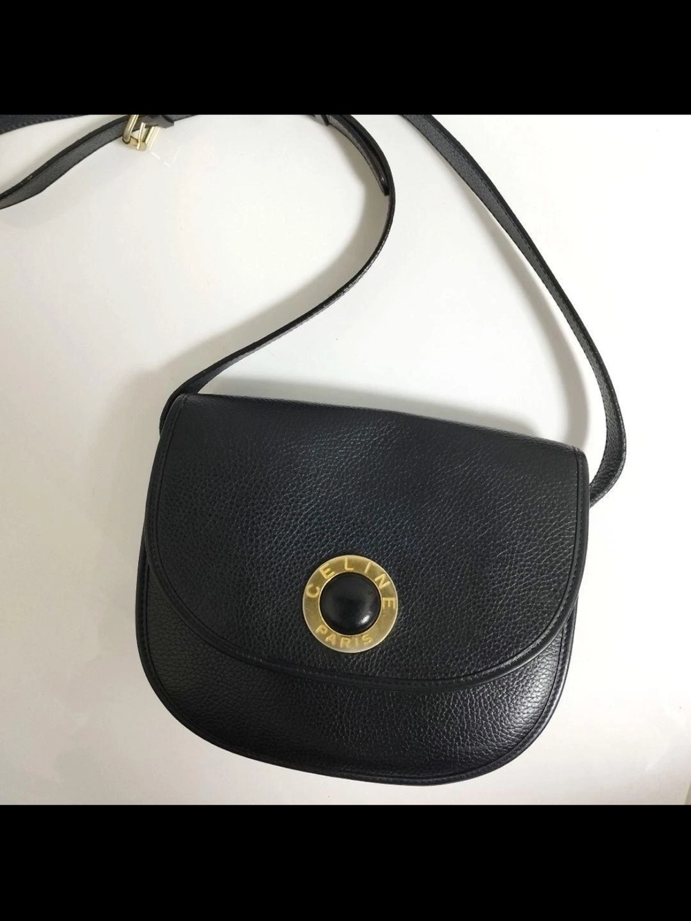 Celine Navy Pebbled Leather Crossbody with Gold Logo Accent